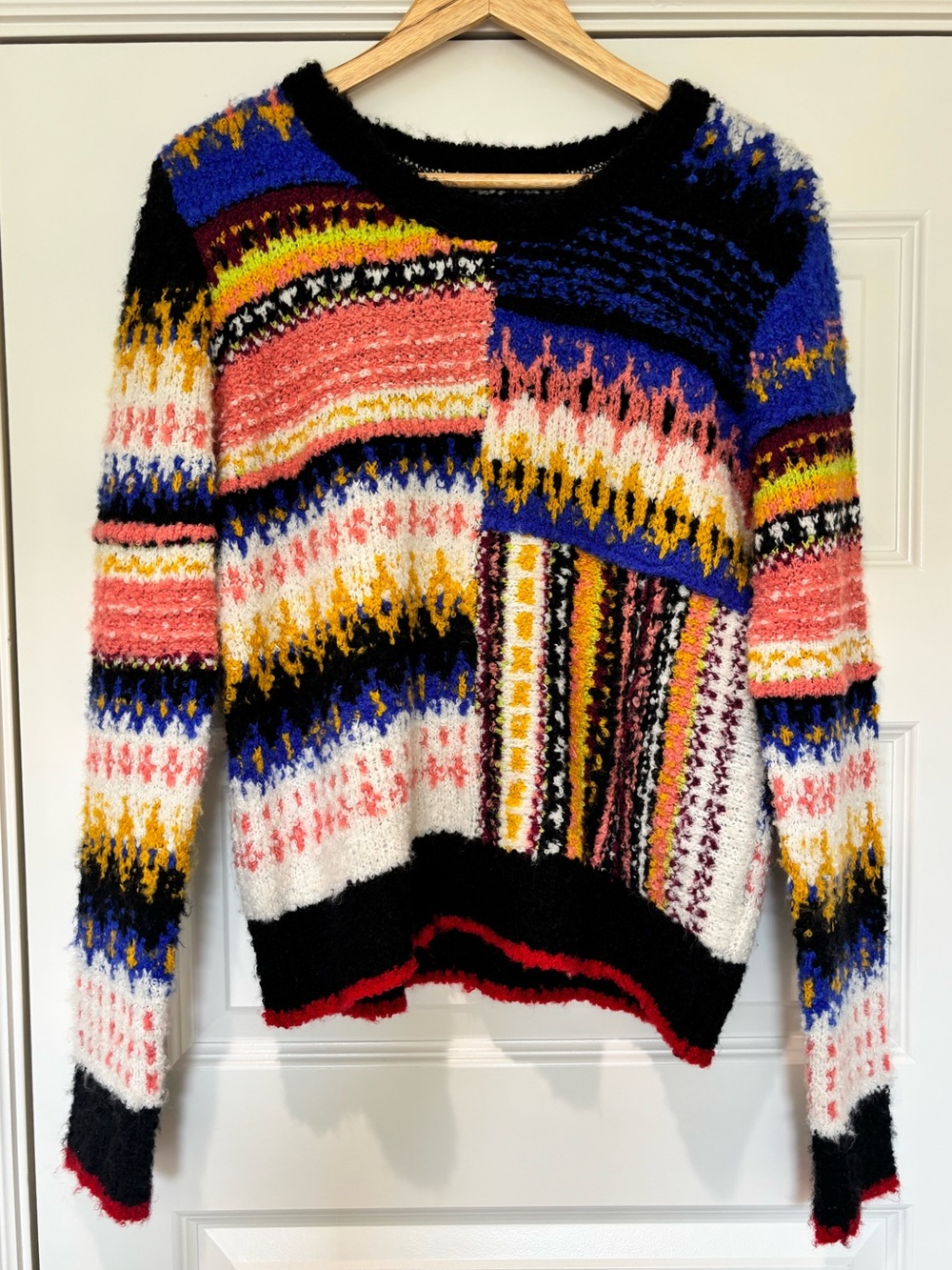 Free People Sz M Alpaca Blend Fuzzy Crew Sweater Indie Boho Abstract Fair Isle - Picture 3 of 14